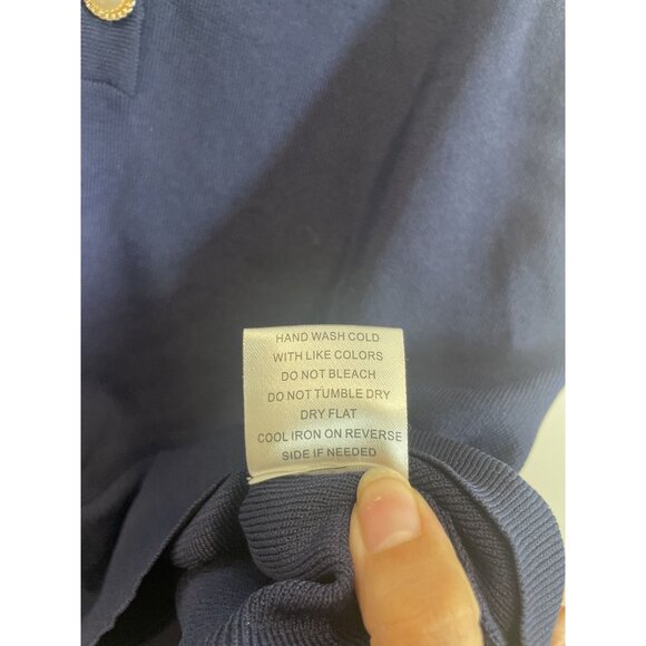 Alexia Admor Navy Blue Knit Top Size XL with Lace Trim Quiet Luxery Pearl Button - Picture 5 of 10